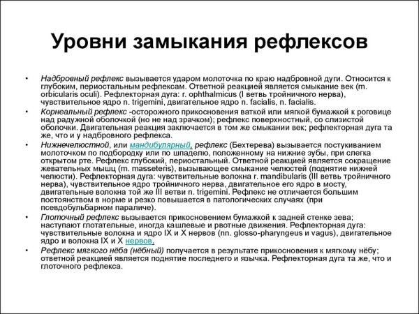 Надбровный рефлекс таблица