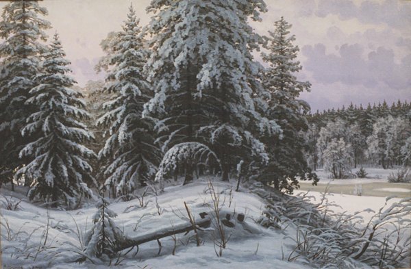 Зимний пейзаж с елями маслом