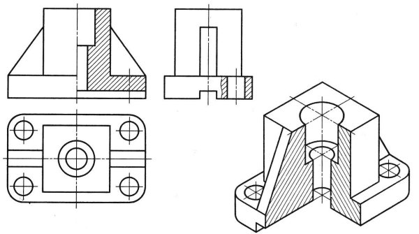 Соединить фронтальный разрез с половиной вида спереди