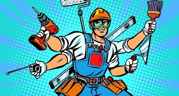 Карикатура строителя с инструментом