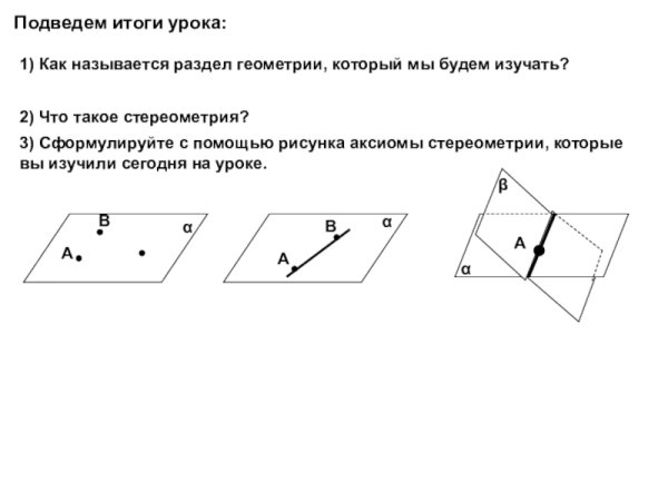 Геометрия 10-11 класс Аксиомы стереометрии