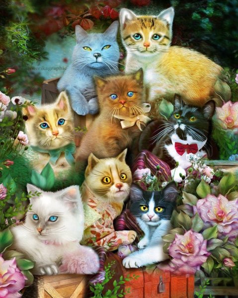 Много кошек живопись