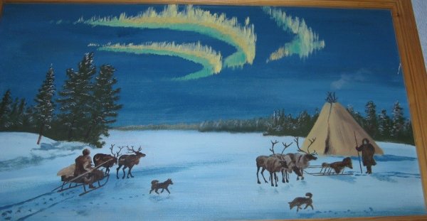 Олень с северным сиянием и саамами