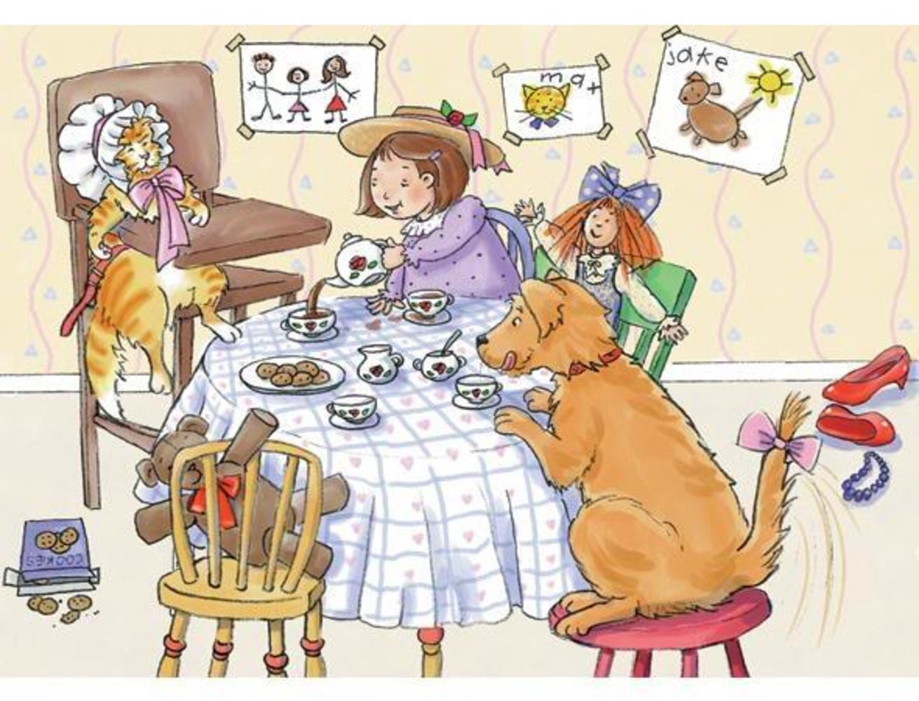 Собака пришла в гости. Чаепитие иллюстрация. Семейное чаепитие. Весёлое чаепитие. Чаепитие для детей.