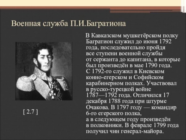 Багратион пётр Иванович Военная служба кратко