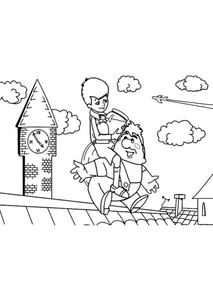 Раскраска малыш и Карлсон который живет на крыше