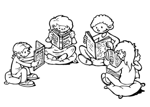 Раскраска дети читают книги