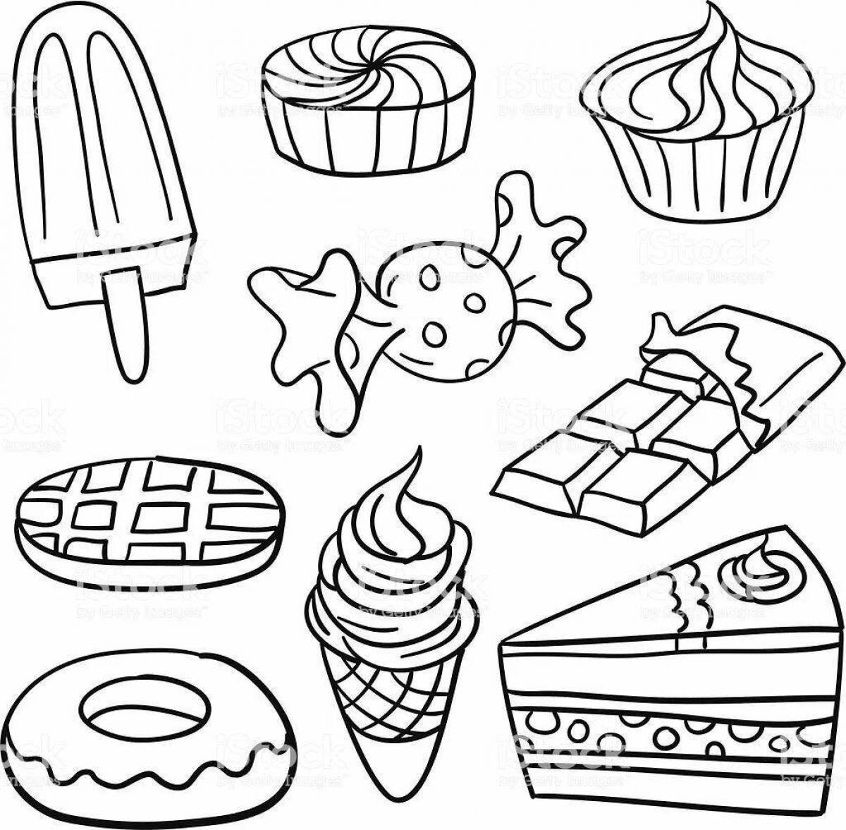 Напечатать еду. Раскраска еда. Раскраски еда сладости. Сладости раскраска для детей. Сладости для рисования черно белые.
