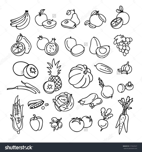 Раскраска маленьких овощей и фруктов