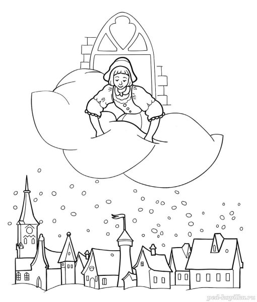 Раскраска к сказке госпожа Метелица братья Гримм