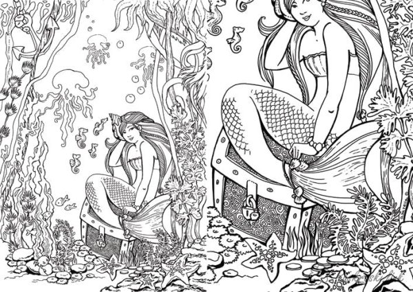 Раскраска подводный мир с русалкой