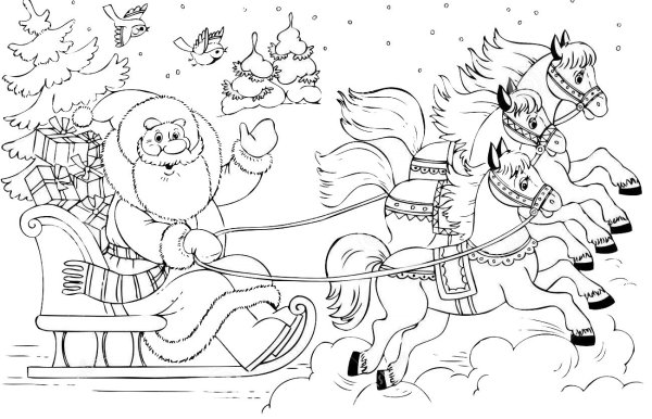 Дед Мороз на санях раскраска