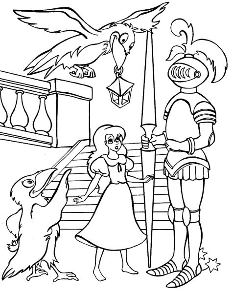 Раскраска к сказке Снежная Королева Герда у принцессы и принца