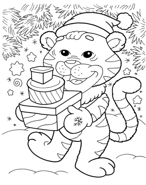 Раскраска Тигренок новогодний