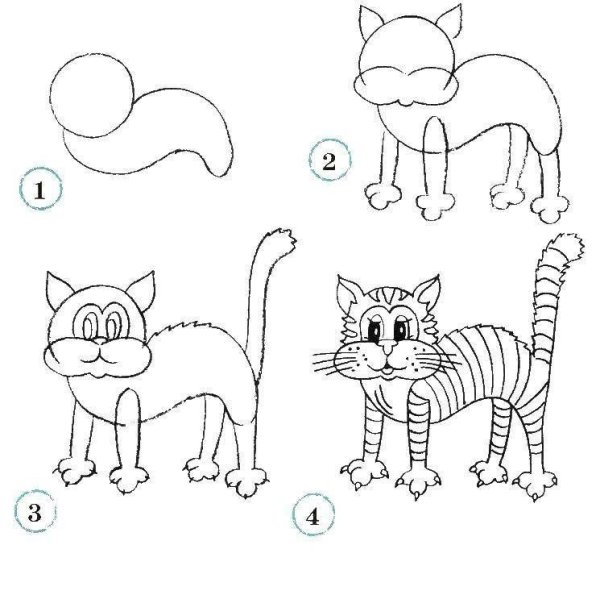 Этапы рисования кошки для дошкольников